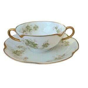 Antique Haviland & Co Limoges  Schleiger 61A pattern Bouillon Cup with saucer